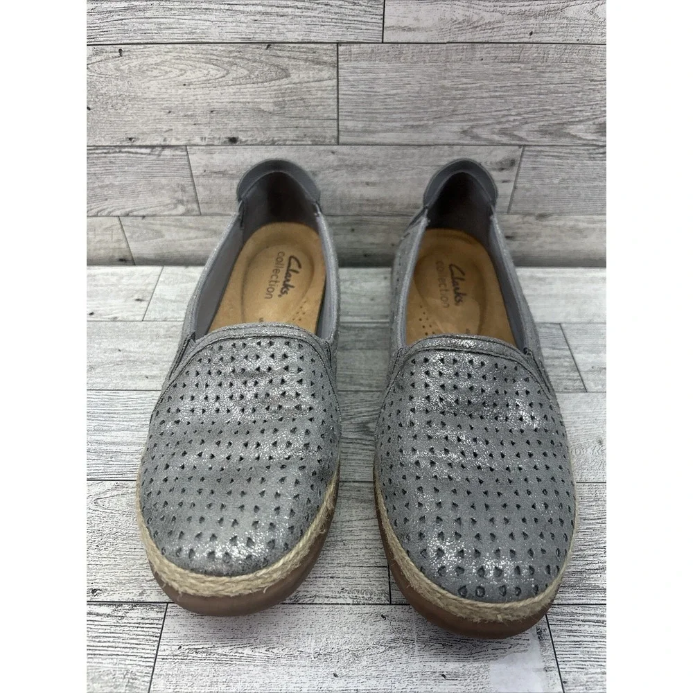 Women's Clarks Elaina Ruby Slip-On Leather Espadrille Shoes Silver Pewter Sz 6.5